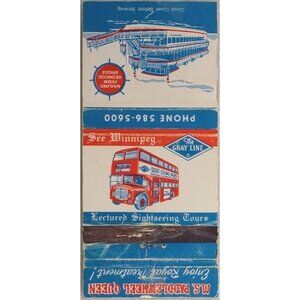 VTG Matchbook Cover MS Paddlewheel Boat Gray Line Double Decker Bus Winnipeg